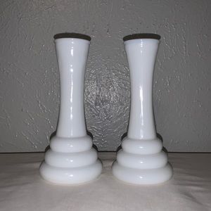 Randall Art Deco White Glass Vase Pair, Vintage 1970's